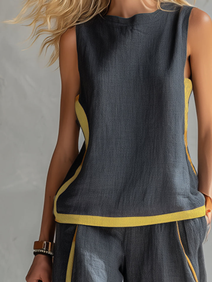 Anouk - Trendy Linnen Co-ord Set Dames met Mouwloze Top en Contrasterende Bies