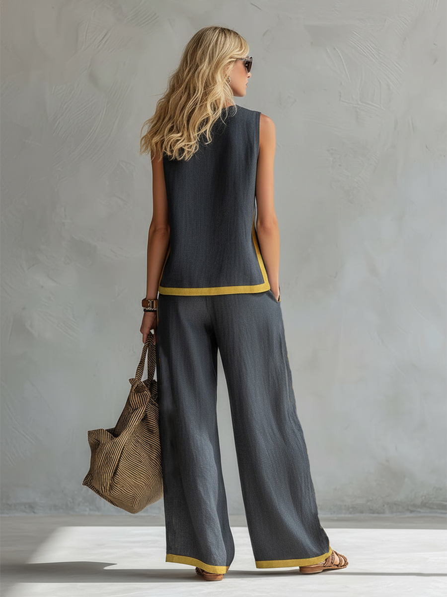 Anouk - Trendy Linnen Co-ord Set Dames met Mouwloze Top en Contrasterende Bies
