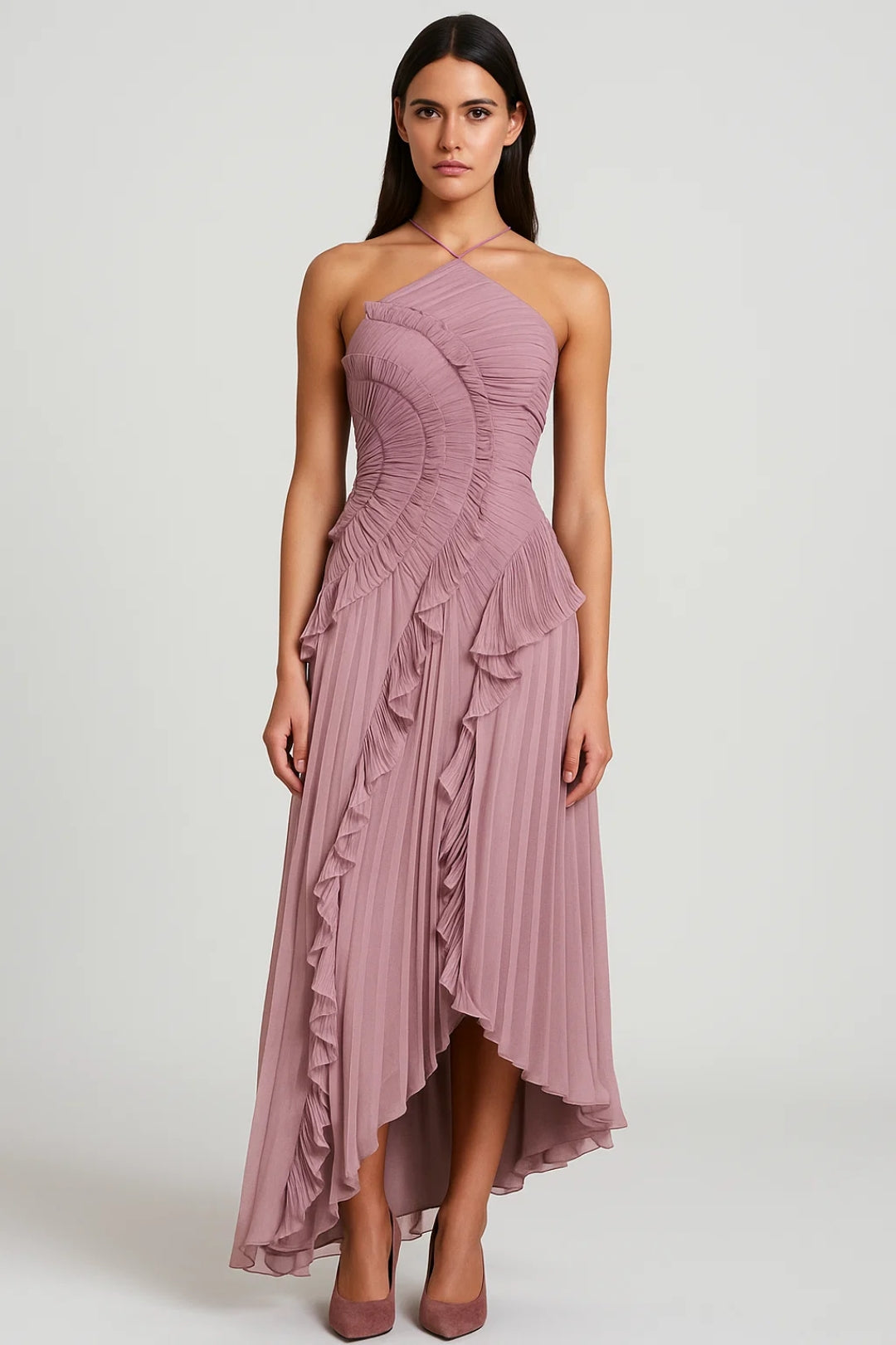 Maxi Jurk Dames - Halter Plissé met Ruches en Split | Elegant