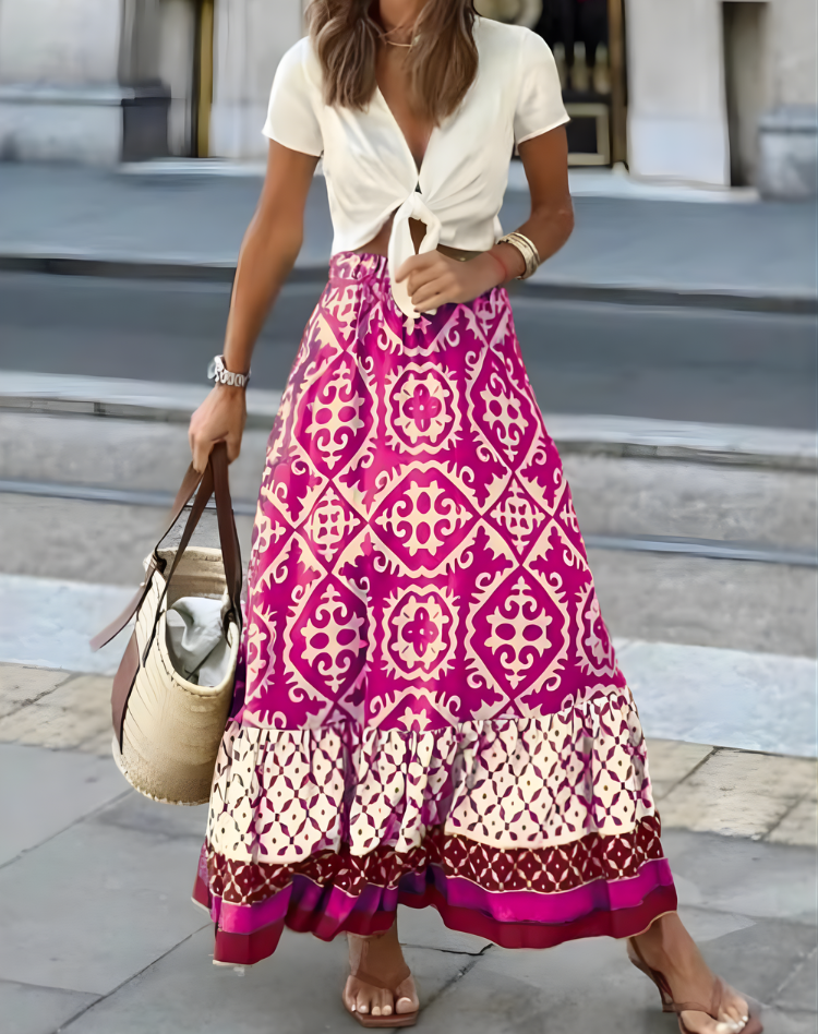 Bohemian Maxi Rok Met Print En Zwierige Volantzoom