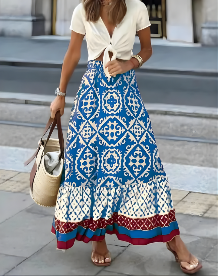 Bohemian Maxi Rok Met Print En Zwierige Volantzoom
