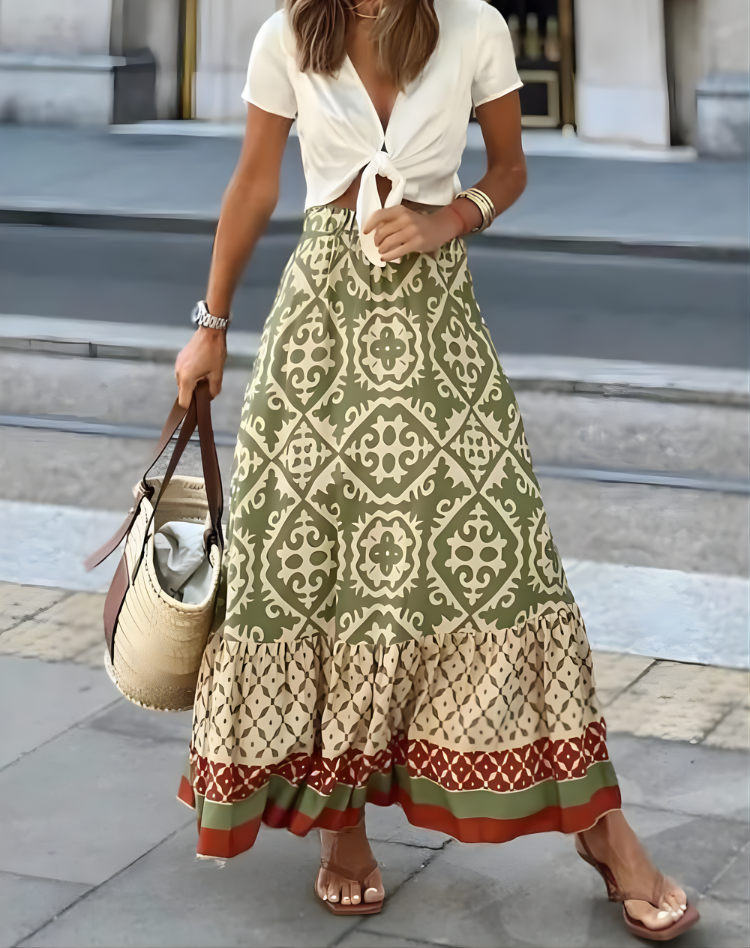 Bohemian Maxi Rok Met Print En Zwierige Volantzoom