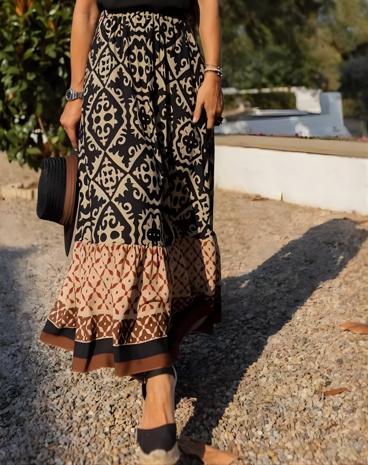 Bohemian Maxi Rok Met Print En Zwierige Volantzoom