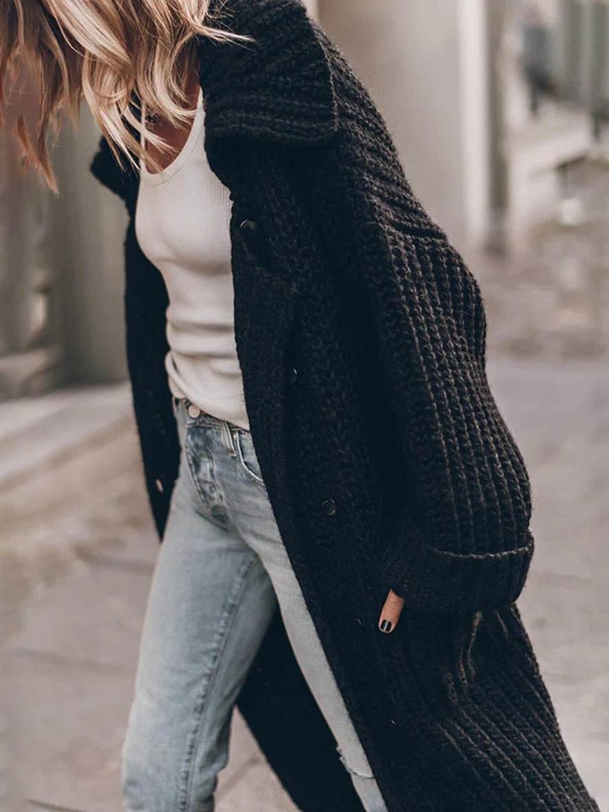 Gebreid Oversized Lang Met Knopen En Zakken Voor Vrouwen Cardigan
