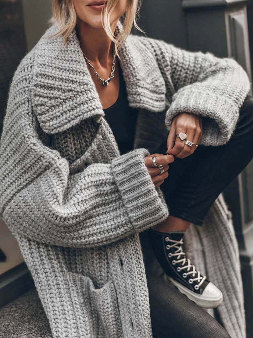Gebreid Oversized Lang Met Knopen En Zakken Voor Vrouwen Cardigan