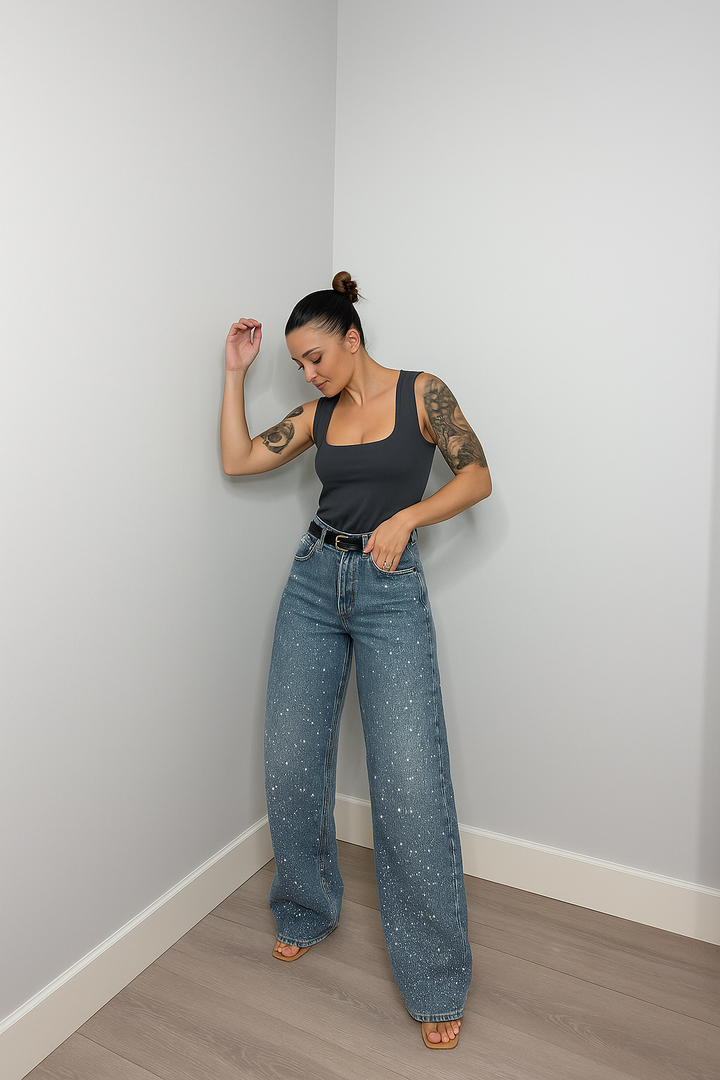 High Waist Glitter Wide Leg Jeans voor Dames
