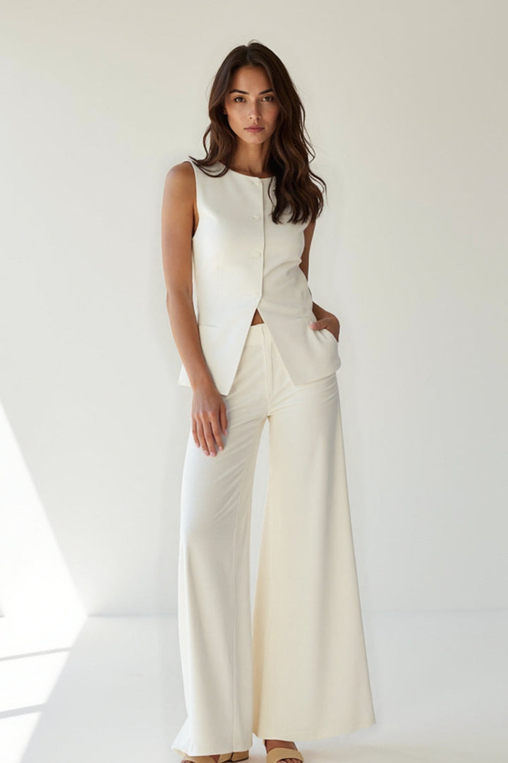 Set Dames - Getailleerd Gilet met Wijde Pantalon en Asymmetrische Zoom | Elegant