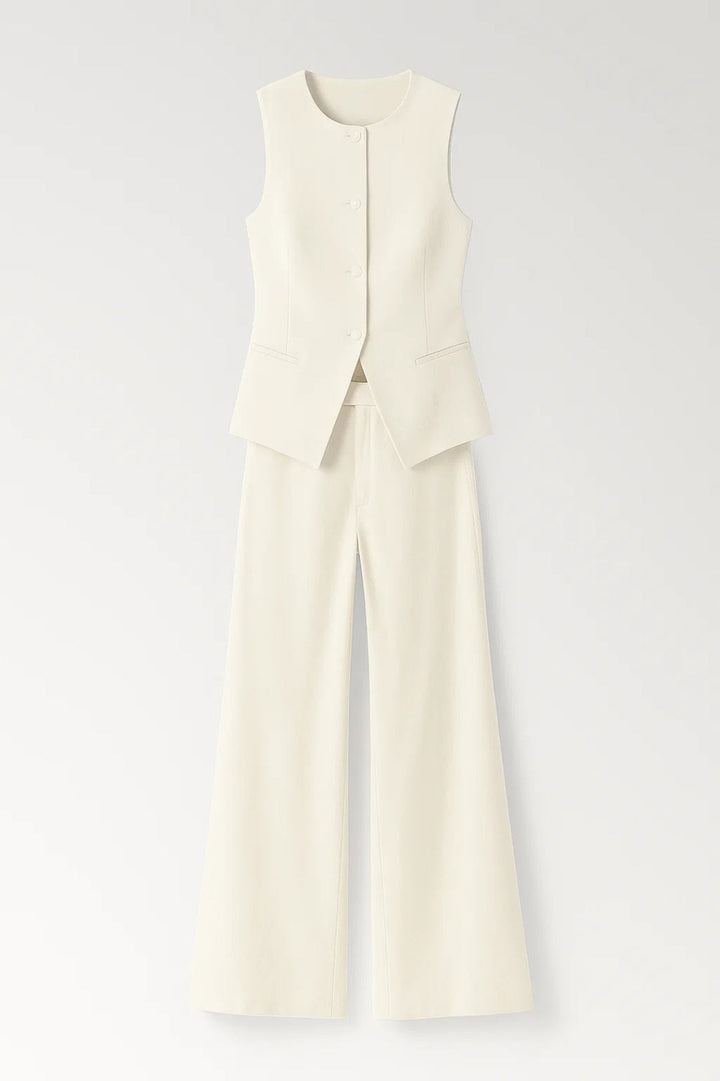 Set Dames - Getailleerd Gilet met Wijde Pantalon en Asymmetrische Zoom | Elegant