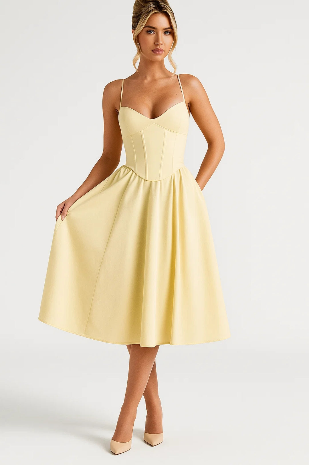 Midi Jurk Dames - Corset Lijfje met Wijde Geplooide Rok | Elegant