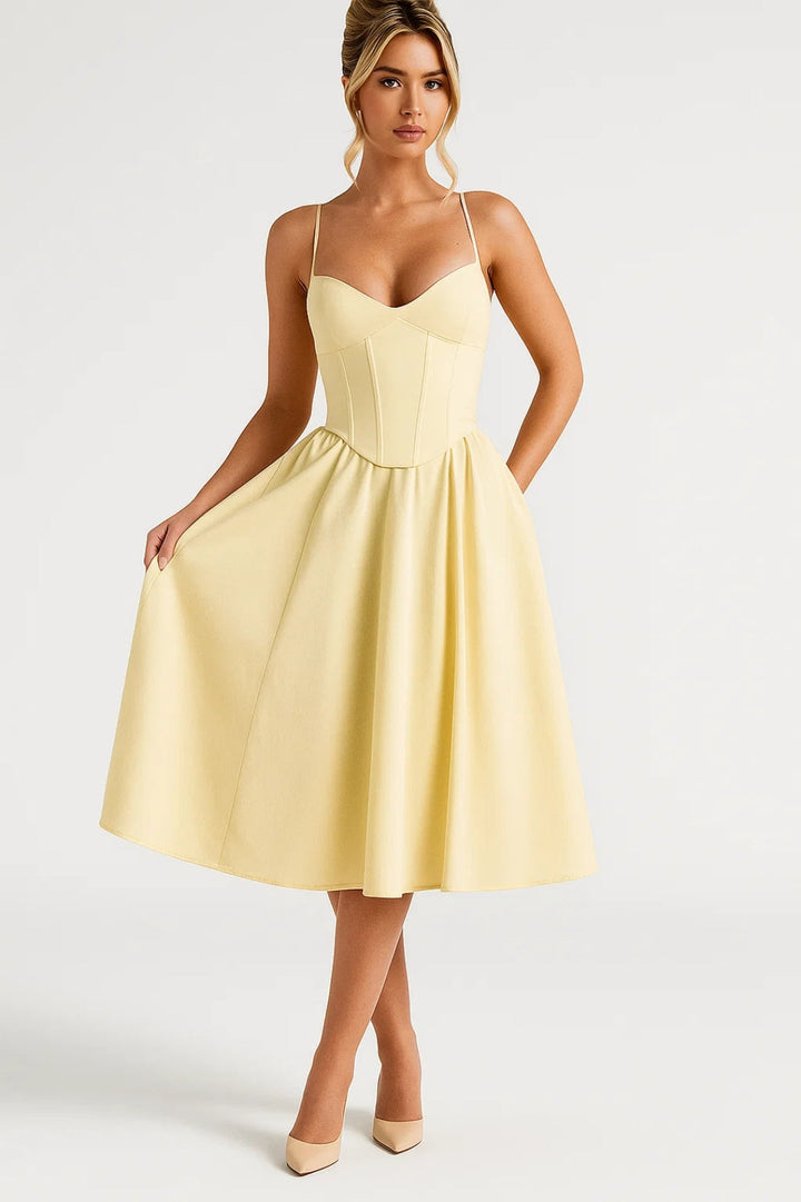 Midi Jurk Dames - Corset Lijfje met Wijde Geplooide Rok | Elegant