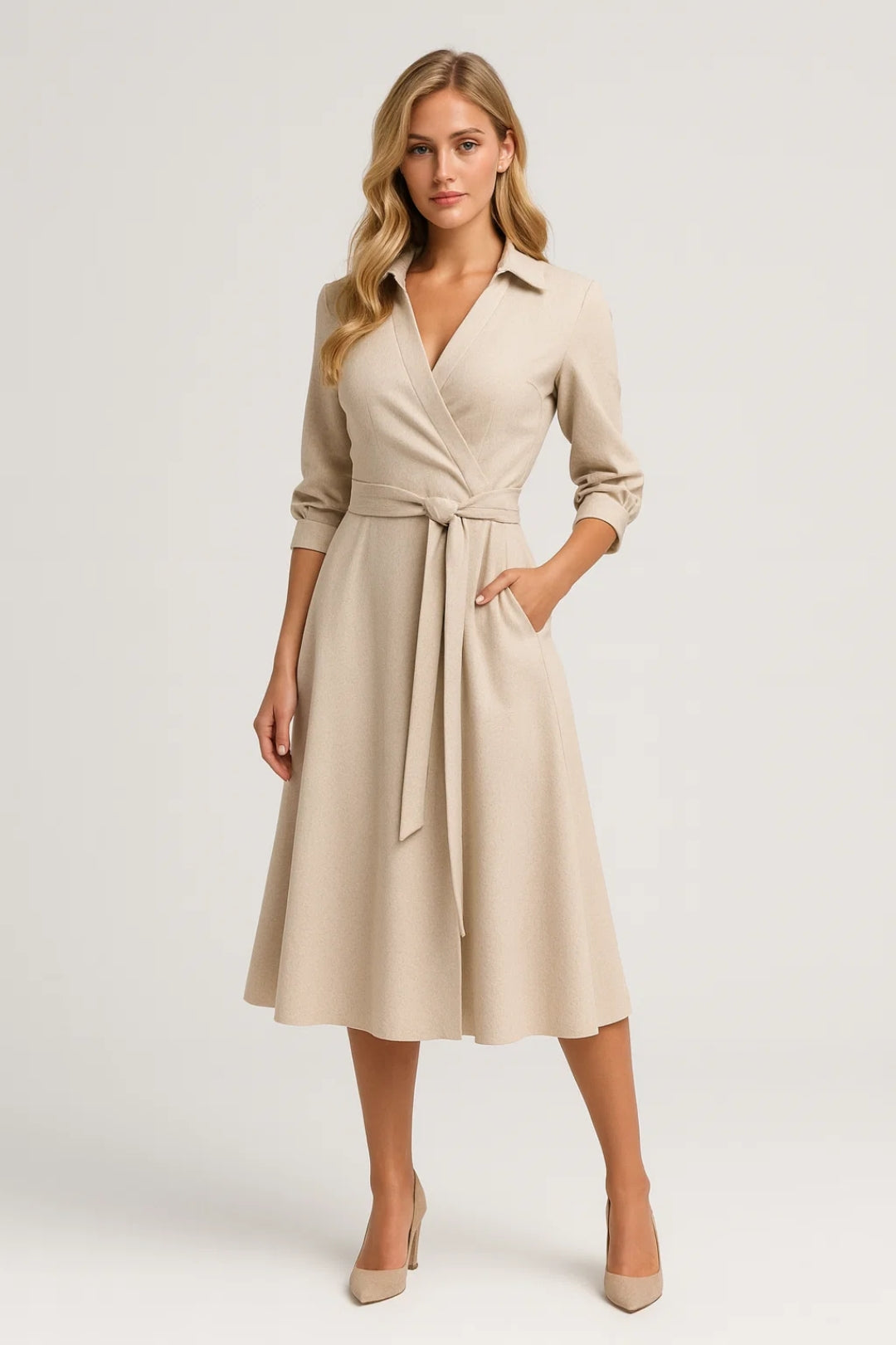 Midi Jurk Dames - Wrap Model met Ceintuur | Elegant
