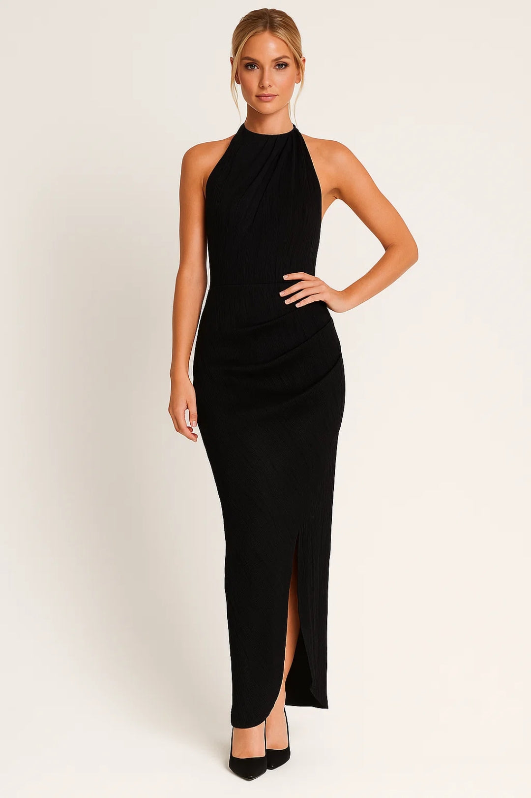 Midi Jurk Dames - Halter met Open Rug en Split | Spleet