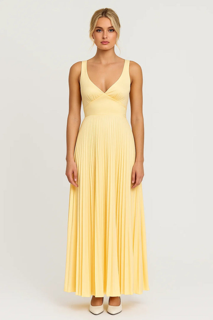 Maxi Jurk Dames - Diepe V-hals met Geplooide Rok | Elegant