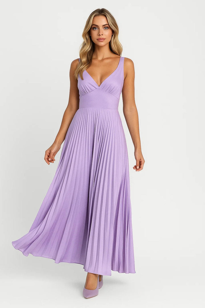 Maxi Jurk Dames - Diepe V-hals met Geplooide Rok | Elegant