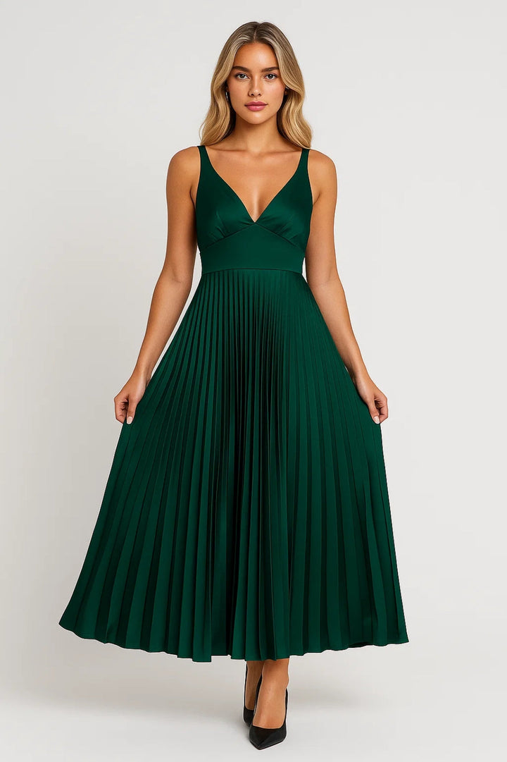 Maxi Jurk Dames - Diepe V-hals met Geplooide Rok | Elegant