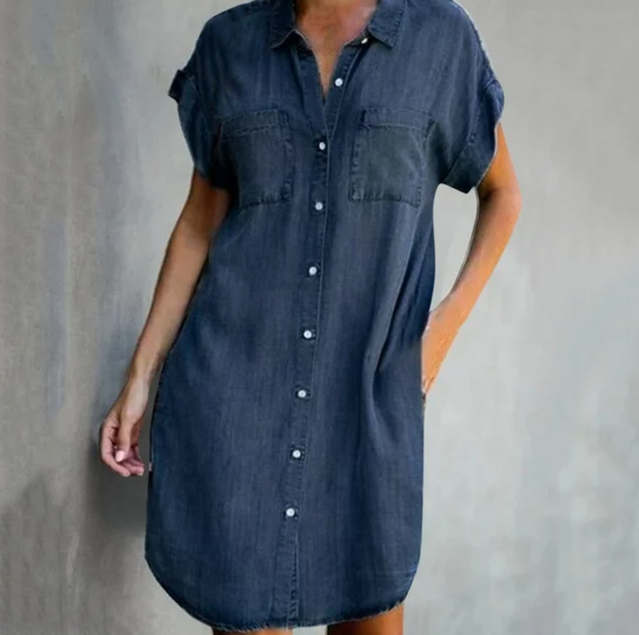 Hannah - Jurk in denimlook met korte mouwen