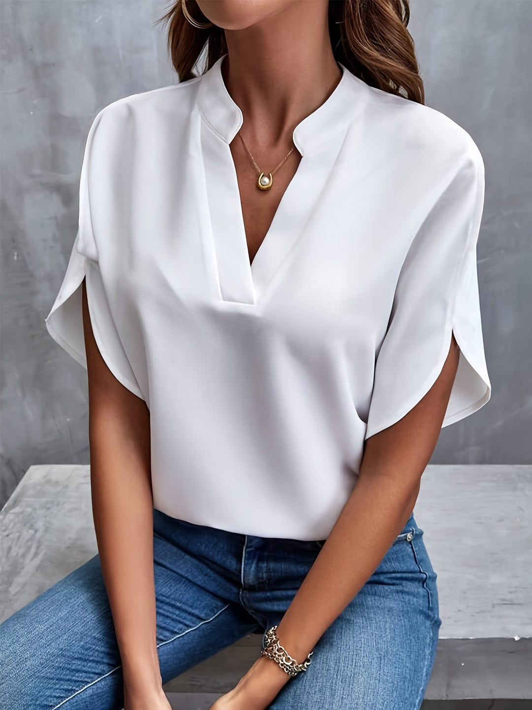 Dames Elegante Blouse met V-Hals en Korte Mouwen
