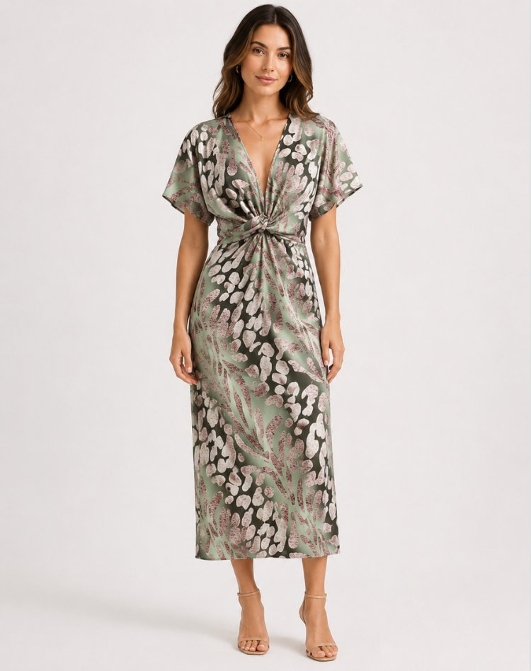 Fien - Midi jurk met bloemenprint V-hals plissé