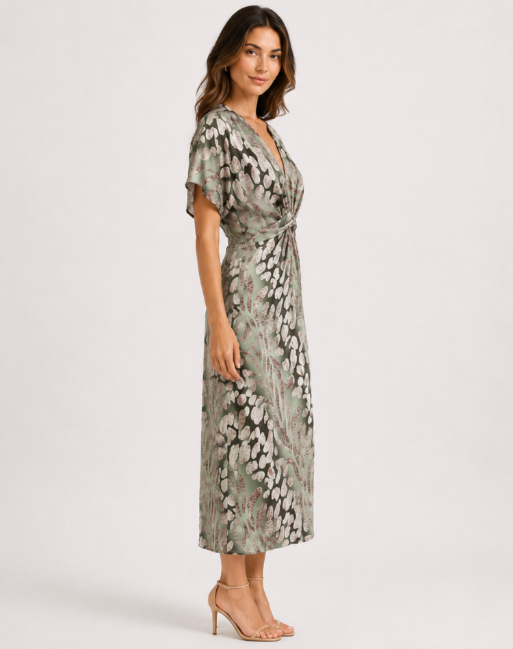 Fien - Midi jurk met bloemenprint V-hals plissé