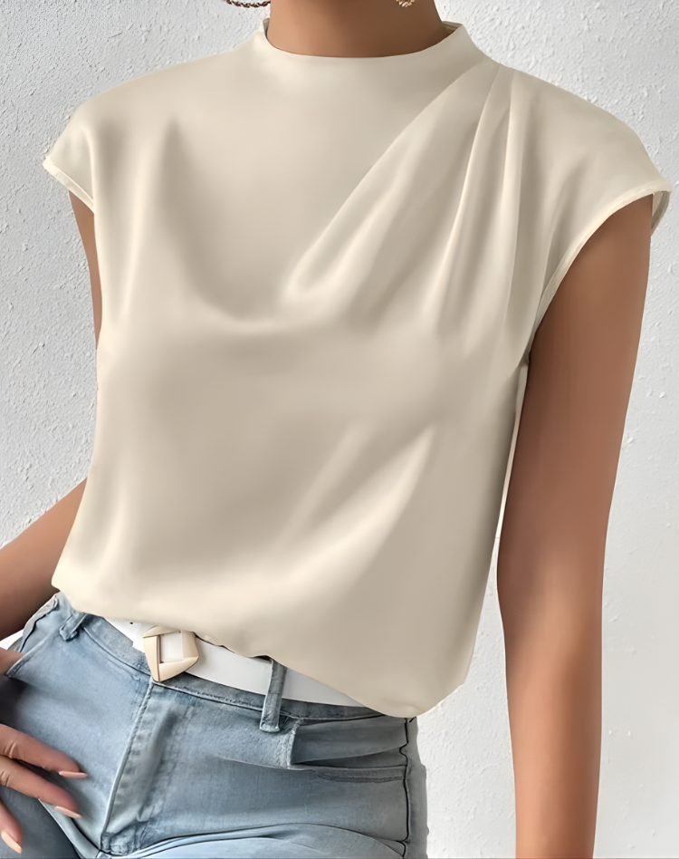 Elegante Dames Satijnen Top met Watervalhals en Mouwloos Design