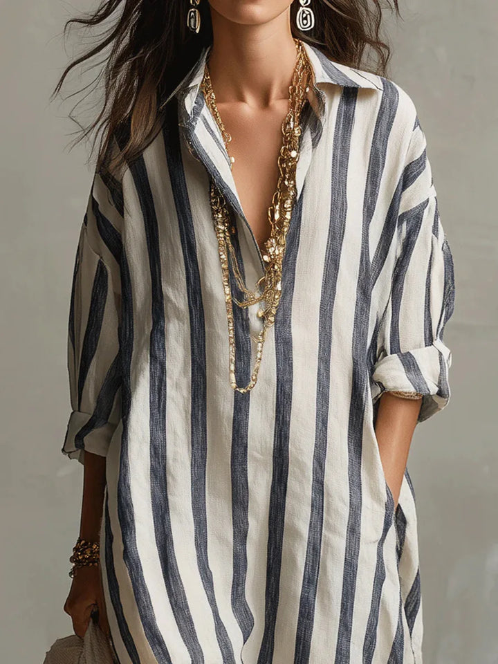 Eva - Casual Linnen Maxi Jurk Dames met Streepdessin en Hemdkraag