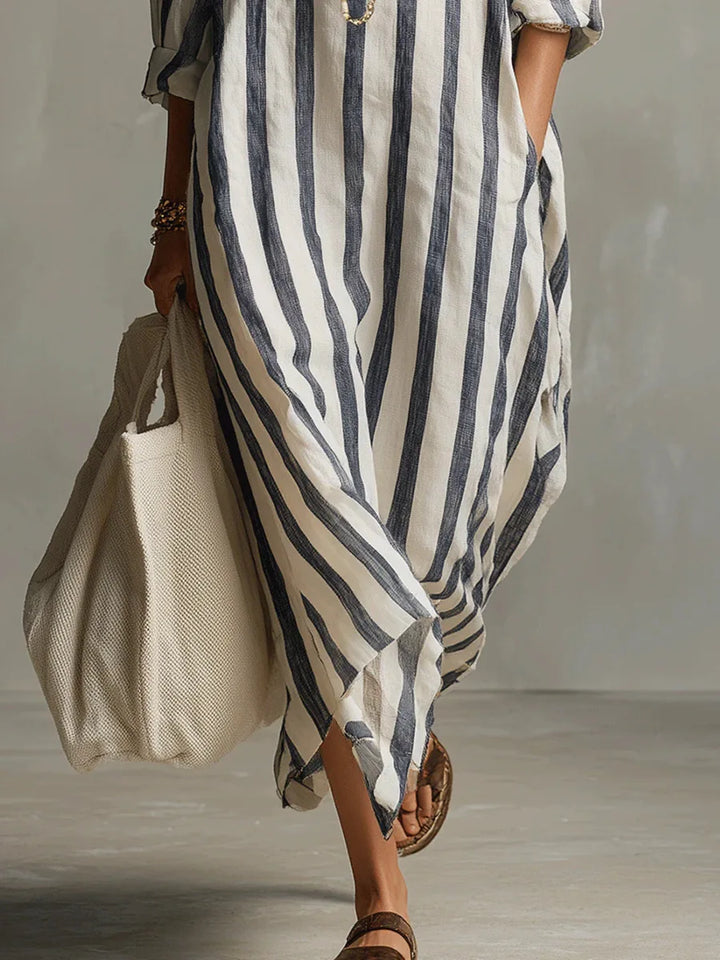 Eva - Casual Linnen Maxi Jurk Dames met Streepdessin en Hemdkraag