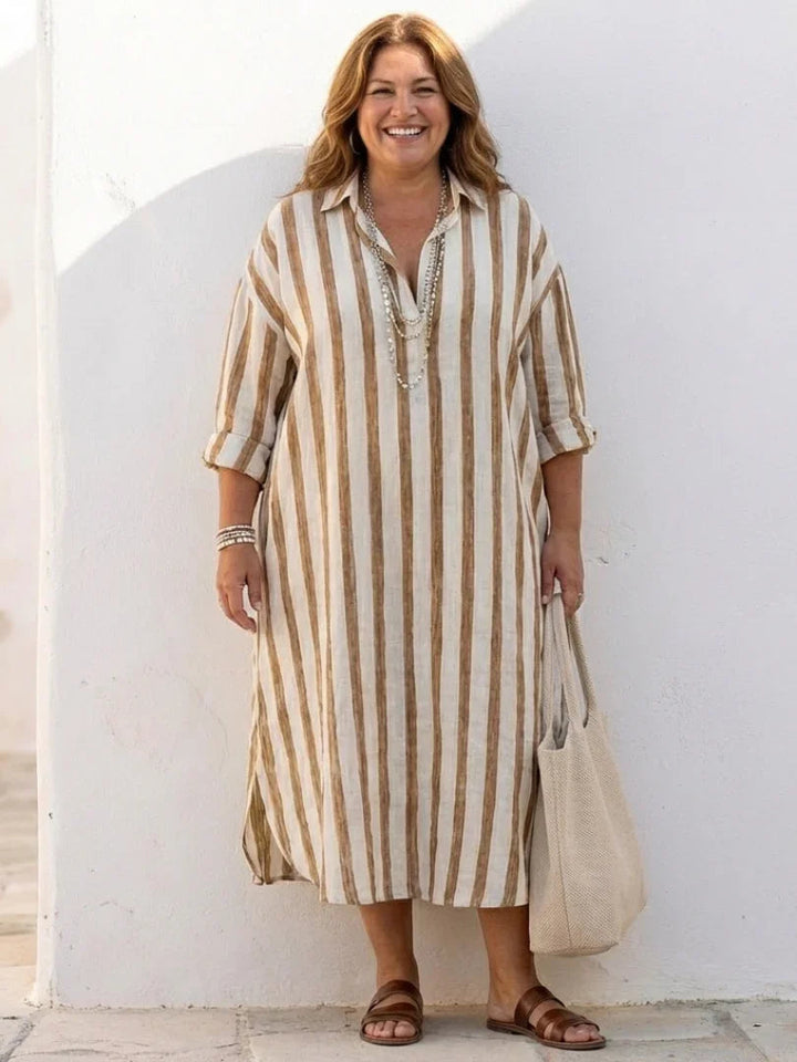 Eva - Vintage Maxi Linnen Jurk Dames met Kraag en Knoopsluiting
