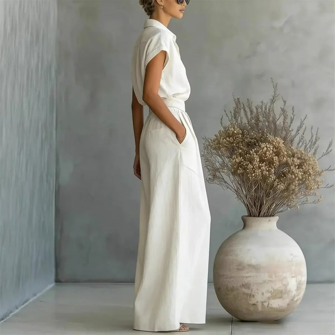 Floor - Elegante 2-Delige Linnen Set Dames met Kraag en Wijde Rok