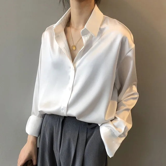 Elegante Satijnen Blouse Lange Mouw Met Kraag Voor Vrouwen
