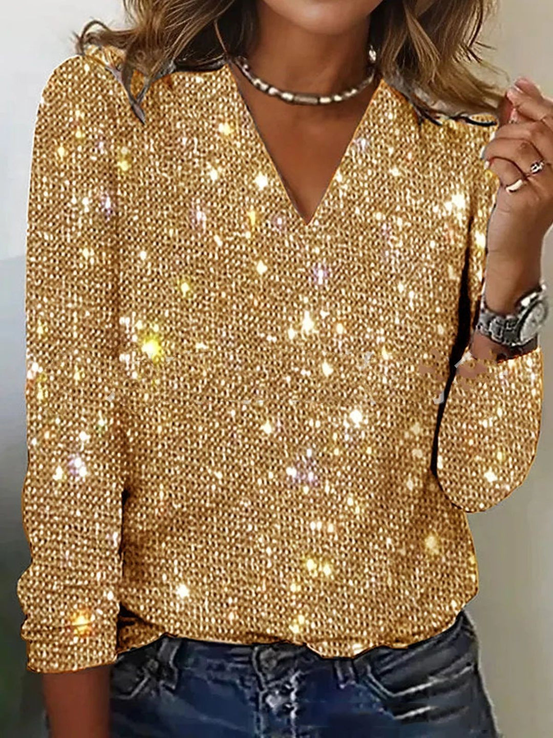 Glitter V-Hals Top met Lange Mouwen voor Vrouwen