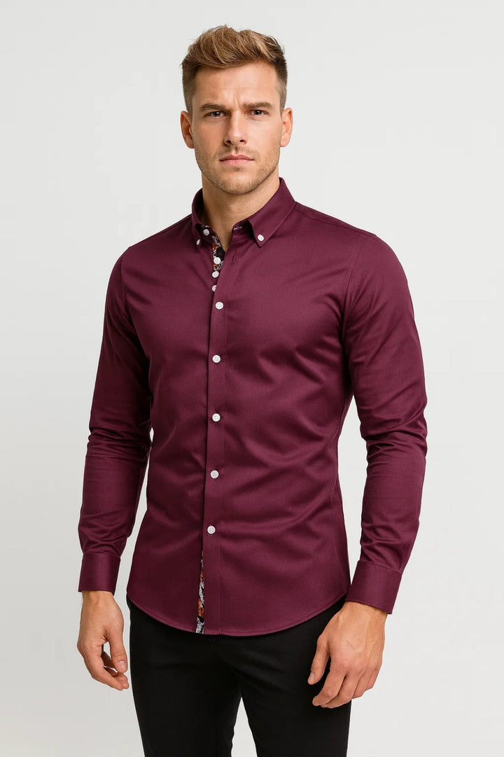 Overhemd Heren - Slim Fit Button-Down met Bloemen Binnenkraag | Casual