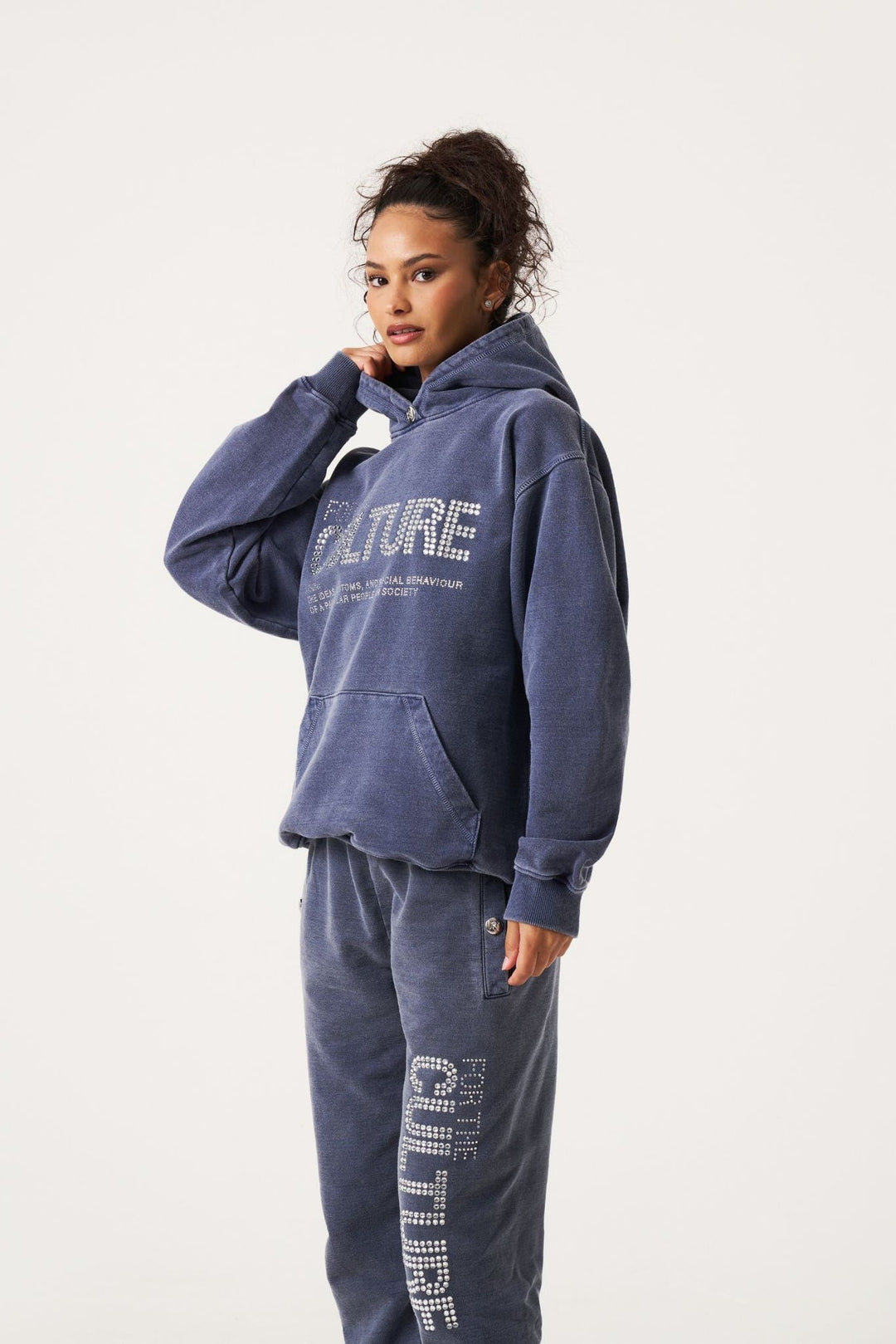 Hoodie met strass-steentjes opdruk en kangoeroezak