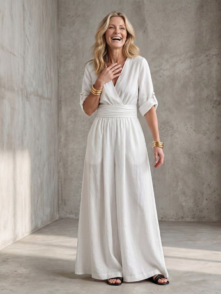 Ira - Elegante Linnen Jumpsuit Dames met Wikkeldecolleté en Brede Tailleband
