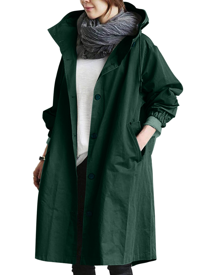 Waterdichte Trenchcoat Voor Vrouwen Lang Met Capuchon En Knopen