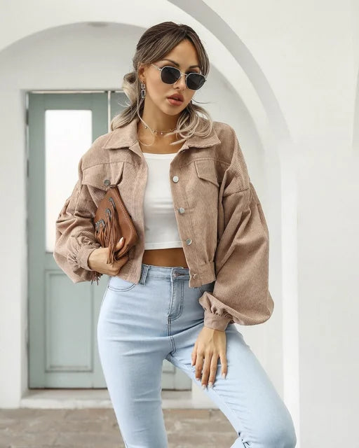 Cropped Corduroy Bomberjack Voor Dames Met Lantern Mouwen