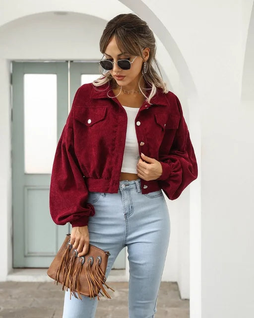 Cropped Corduroy Bomberjack Voor Dames Met Lantern Mouwen