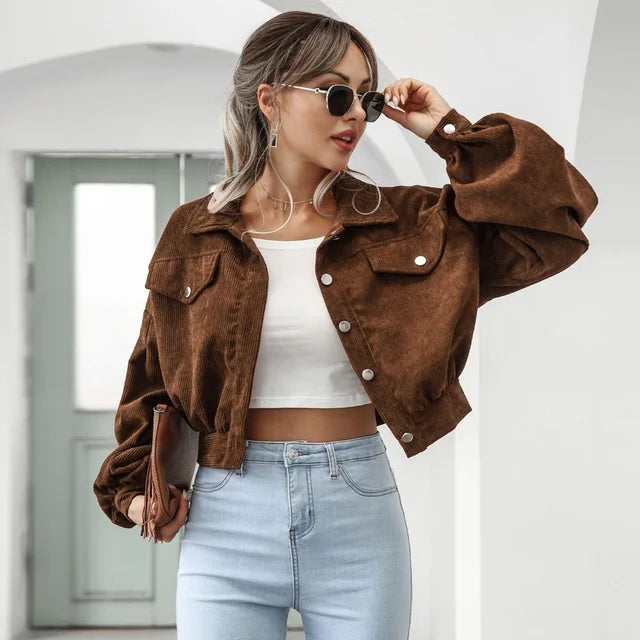 Cropped Corduroy Bomberjack Voor Dames Met Lantern Mouwen