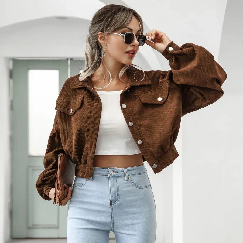 Cropped Corduroy Bomberjack Voor Dames Met Lantern Mouwen
