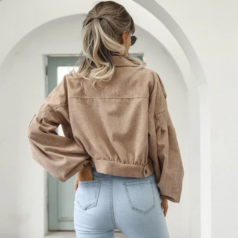 Cropped Corduroy Bomberjack Voor Dames Met Lantern Mouwen