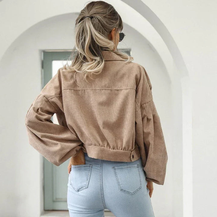 Cropped Corduroy Bomberjack Voor Dames Met Lantern Mouwen