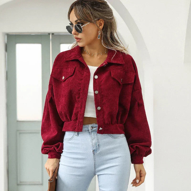 Cropped Corduroy Bomberjack Voor Dames Met Lantern Mouwen
