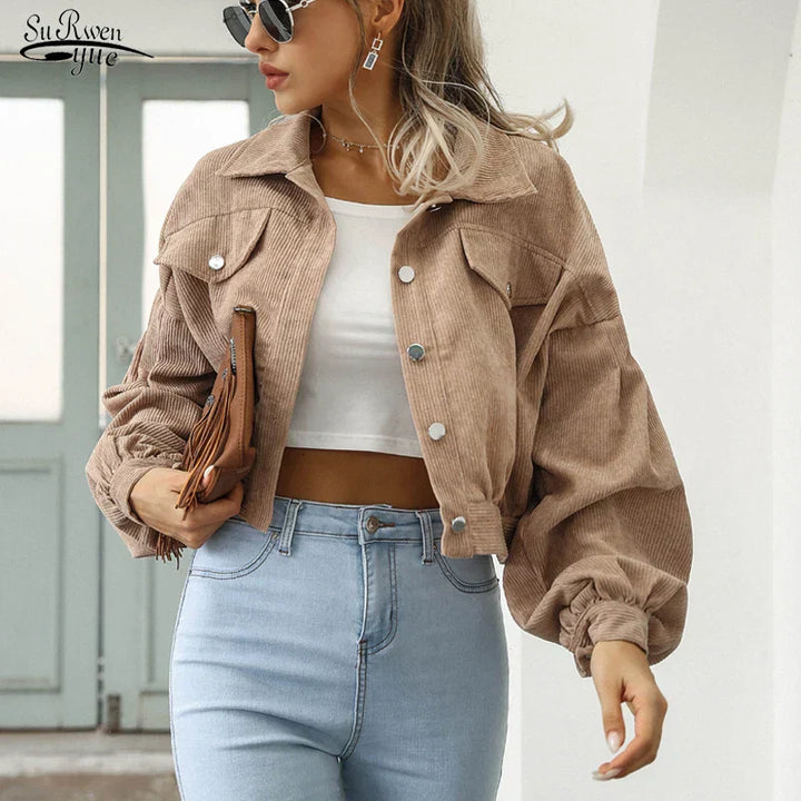 Cropped Corduroy Bomberjack Voor Dames Met Lantern Mouwen