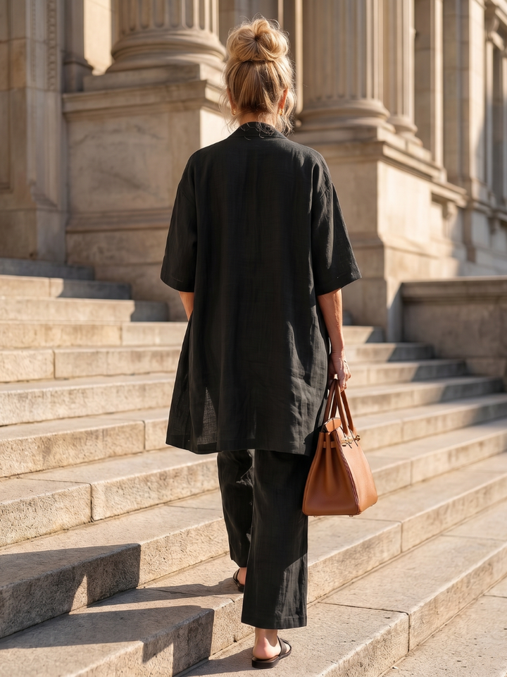 Julia - Elegante Linnen 3-Delige Set Dames met Longline Cardigan en Wijde Broek
