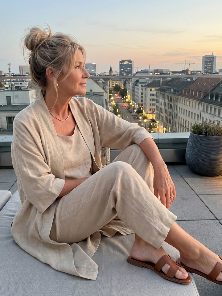 Julia - Elegante Linnen 3-Delige Set Dames met Longline Cardigan en Wijde Broek