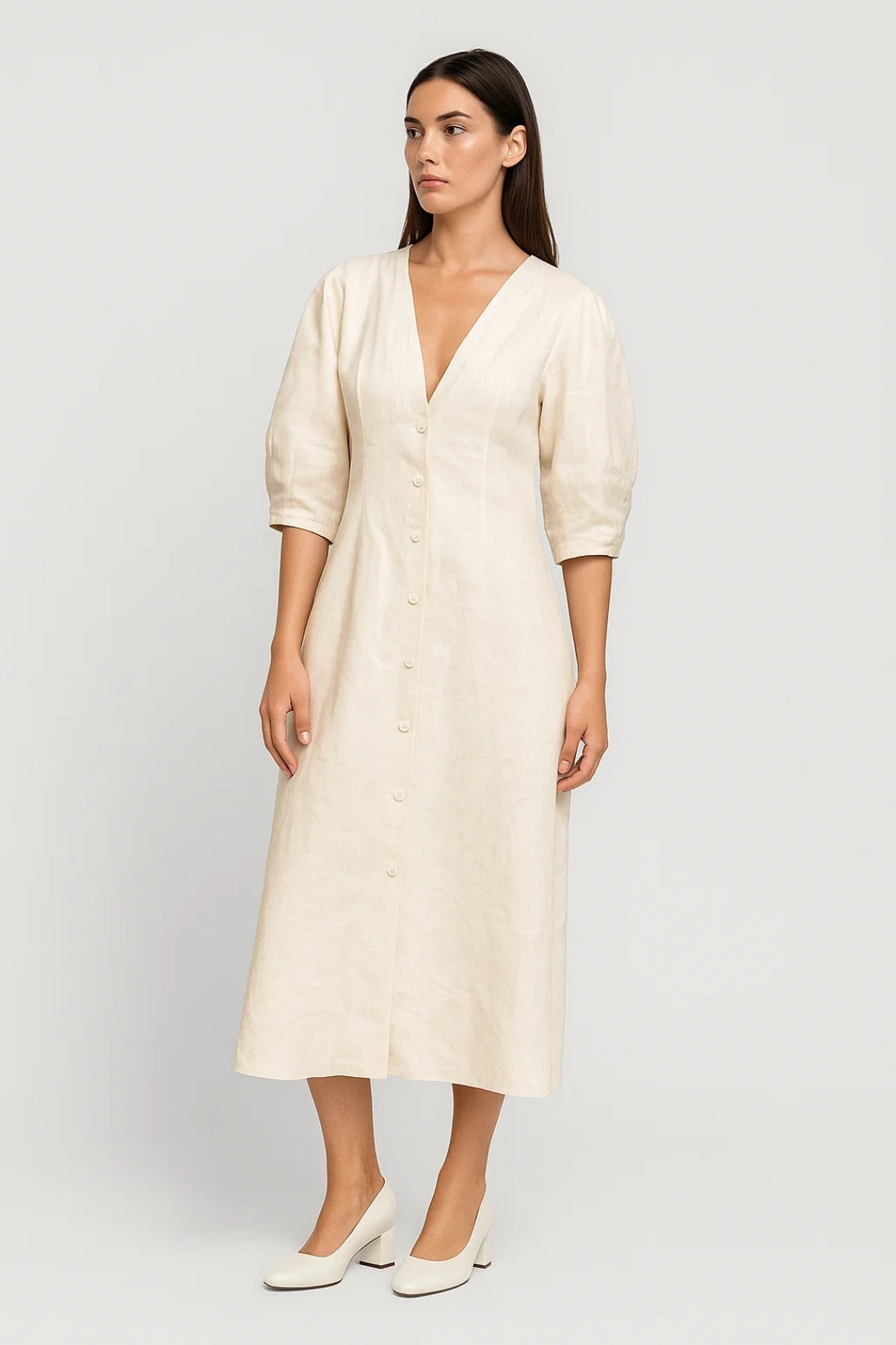 Midi Jurk Dames - V-hals met Knoopsluiting | Klassiek