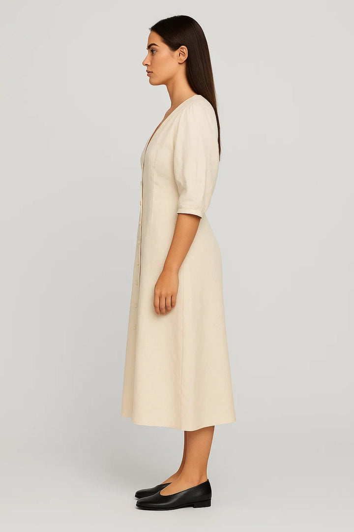 Midi Jurk Dames - V-hals met Knoopsluiting | Klassiek
