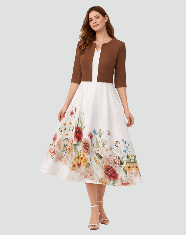 Tweedelige Set Met Gebloemde Midi Jurk En Kort Jasje