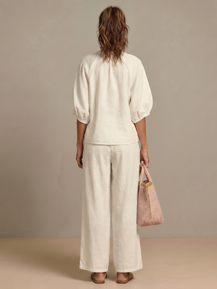 Lieke - Boho Linnen Co-ord Set Dames met Ballonmouwen en Wijde Broek