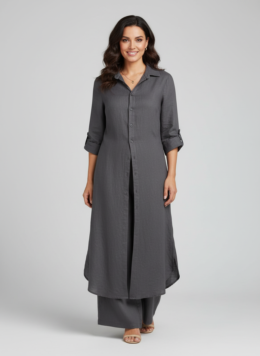 Lieke - Elegante Linnen Set Dames met Longline Blousejurk en Wijde Broek