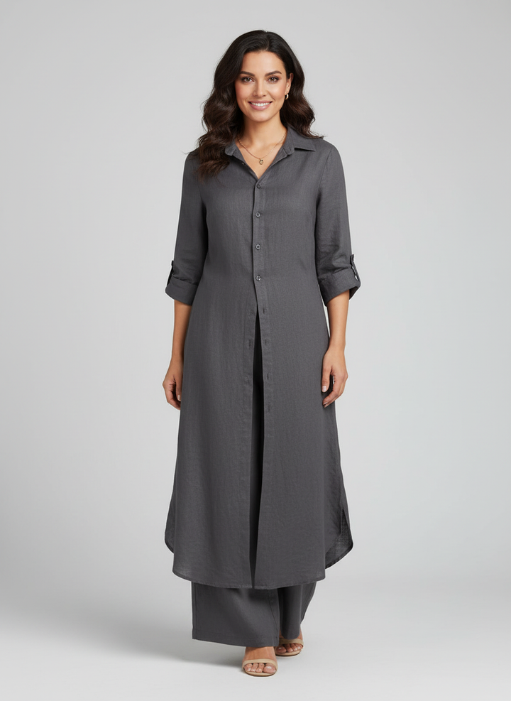 Lieke - Elegante Linnen Set Dames met Longline Blousejurk en Wijde Broek